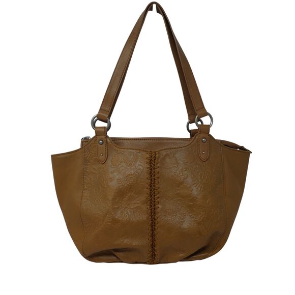 The Sak Handbags - The Sak Bolinas Caramel Brown Floral Embossed Leather‎ Satchel Bucket Bag Purse